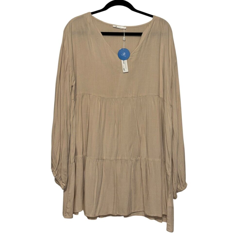 Cupshe Tiered Mini Dress Large Beige Long Sleeve Boho Babydoll Dress NWT